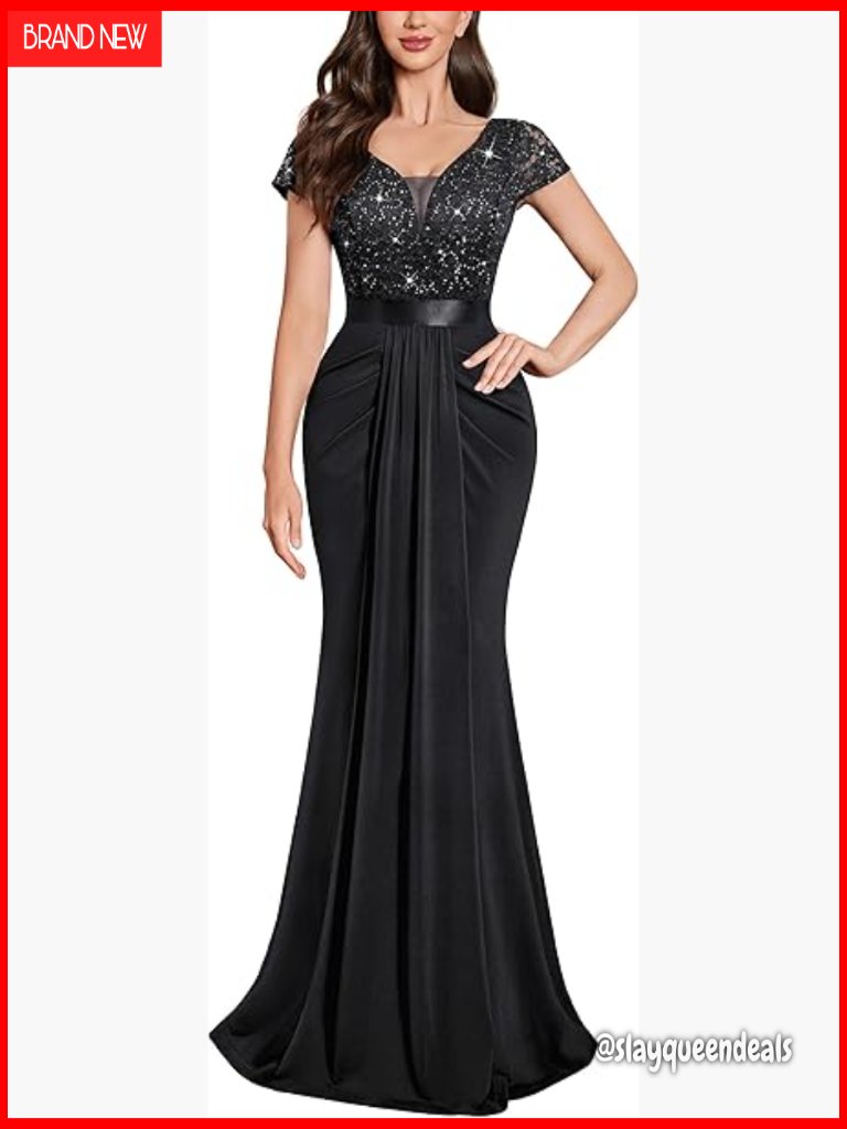 Deep V-Neck Lace Sequin Pleated Evening Formal Maxi Dress